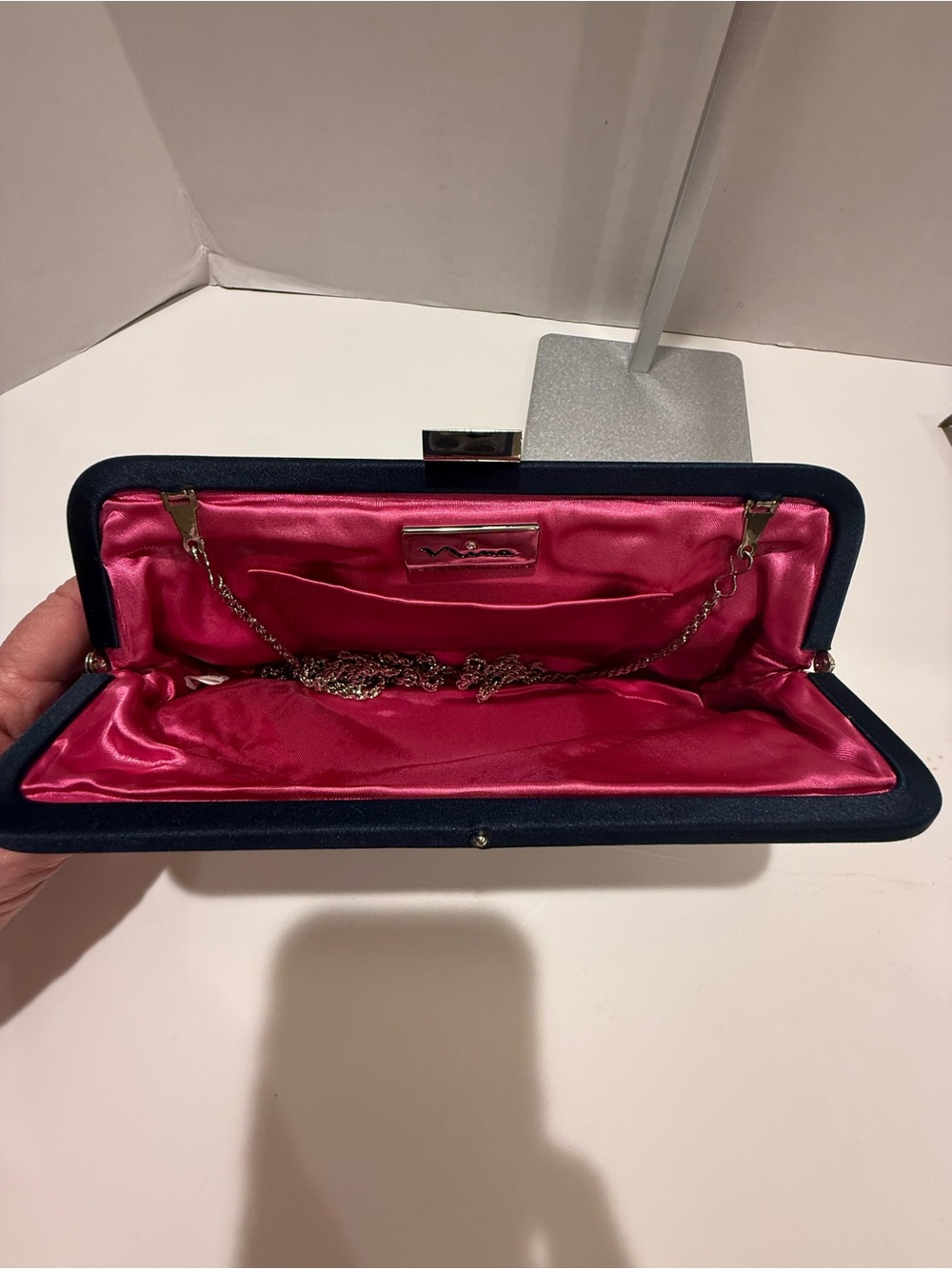 Nina Satin Evening Clutch in Navy with Hot Pink Lining with Silver Chain - Picture 8 of 11
